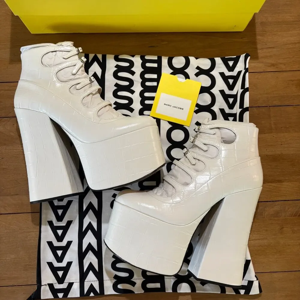 NIB Marc Jacobs The Kiki Platform Ankle Boots White Croc Print Leather US SZ 9W - Picture 2 of 10